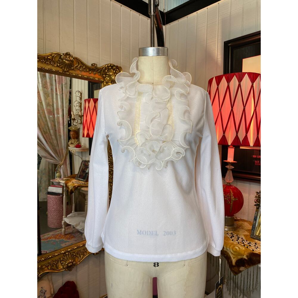 vintage 1970s white polyester blouse chiffon ruffles high neck retro mod s 34